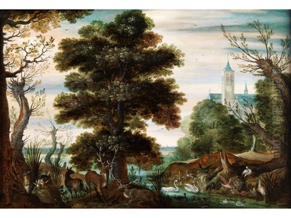 Baumlandschaft Mit Jagdtieren Und Federvieh Vor Einer Kirche Im Hintergrund - view 1