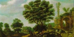 Landschaft Mit Roemischen Ruinen Sowie Merkur Und Argus by Samuel van den Hecken