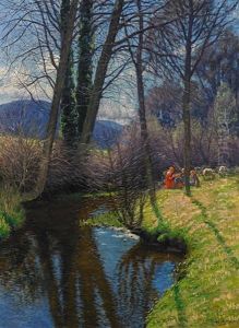 Fruhlingslandschaft Mit Kindern Am Bachlauf Fruhlingslandschaft Mit Kindern Am Bachlauf