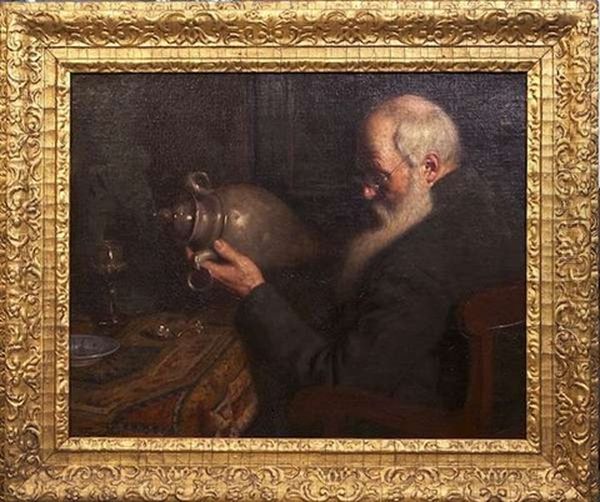 Study Of An Old Antique Dealer Examining A Pewter Vase, Seated At A Table - view 1