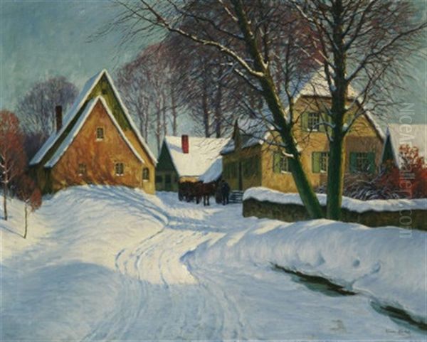 Winter Im Dorf, Auf Der Strase Ein Pferdefuhrwerk - view 1