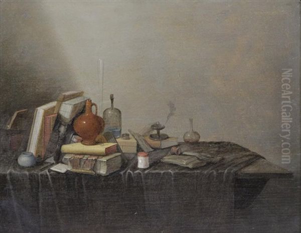 Still Life With Book And Vessels On A Draped Table - view 1