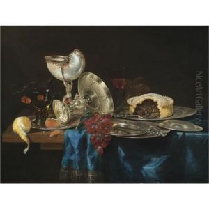 Still Life With A Nautilus Cup, A Meat Pie, A Bunch Of Grapes, Some Pewter Plates And A Partly-peeled Lemon, All Arranged On A Partly Draped Table