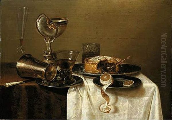 An Overturned Silver Tumbler And A Roemer On A Pewter Plate, A Facon-de-venise Wineglass, A Nautilus Cup, A Pie And A Lemon On Pewter Plates On A Table - view 1