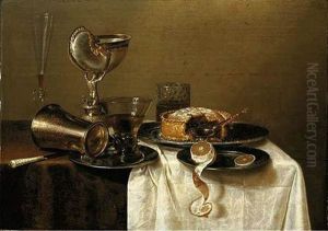 An Overturned Silver Tumbler And A Roemer On A Pewter Plate, A Facon-de-venise Wineglass, A Nautilus Cup, A Pie And A Lemon On Pewter Plates On A Table