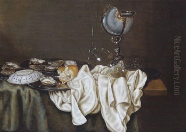 Stilleben Mit Austern, Einem Nautiluspokal, Einer Chinaporzellanschale Und Glasern - view 1