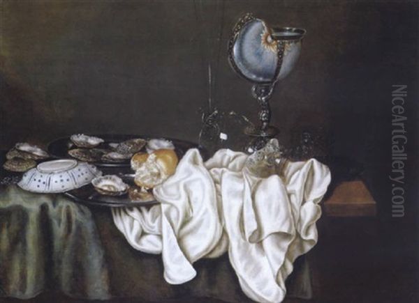 Stilleben Mit Austern, Einem Nautiluspokal, Einer Chinaporzellan-schale Und Glasern - view 1