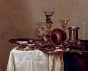 Stilleben Mit Prunkgefasen, Zinntellern, Austern Und Haselnussen by Gerrit Willemsz. Heda