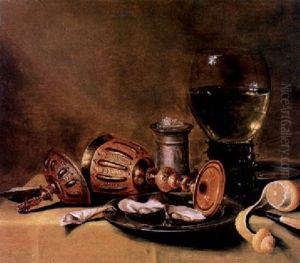 Oysters On A Pewter Plate, An Upturned Cup And Cover, A Roemer And A Silver Salt On A Draped Table