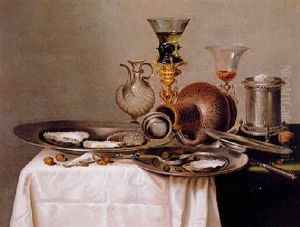 A Roemer On A Gilt Stand, A Stoneware Flagon And Other Objects On A Partially Draped Ledge by Gerrit Willemsz. Heda