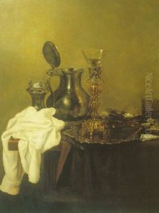 Still Life Of Gilt Bekerschroef Holding A Roemer And Other Objects All On A Wooden Table by Gerrit Willemsz. Heda
