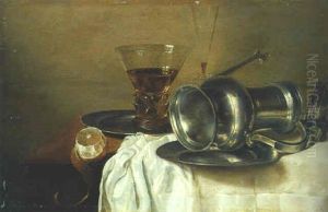 An Overturned Pewter Ewer On A Plate, A Wineglass, And A Peeled Lemon On A Partly Draped Table
