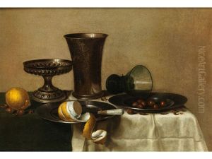 Stillleben Mit Prunkbechern, Liegendem Glas, Zitrone Und Nussen In Zinnschalen by Willem Claesz Heda