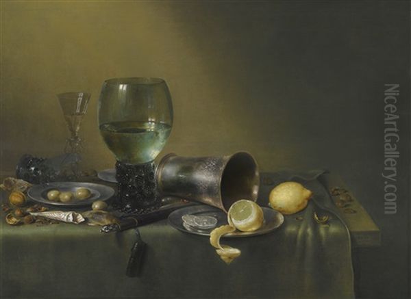 A Still Life Of A Roemer, An Overturned Roemer, A Facon-de-venise Wineglass, A Silver Beaker And A Silver And Pewter Plate, With A Sheathed Knife, Lemons, Olives, Hazelnuts, Walnuts And A Paper Twist Of Tobacco, All On A Table Partly Draped With A Green C - view 1