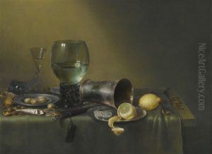 A Still Life Of A Roemer, An Overturned Roemer, A Facon-de-venise Wineglass, A Silver Beaker And A Silver And Pewter Plate, With A Sheathed Knife, Lemons, Olives, Hazelnuts, Walnuts And A Paper Twist Of Tobacco, All On A Table Partly Draped With A Green C by Willem Claesz Heda