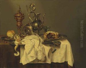 A Blackberry Pie On A Pewter Platter, A Silver-gilded Cup And Cover, An Upturned Tazza, A Partly-peeled Lemon, A Bread Roll...