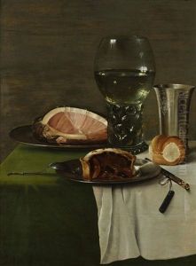 A Still Life With A Glass Of White Wine, Silver Cup And Food by Willem Claesz Heda