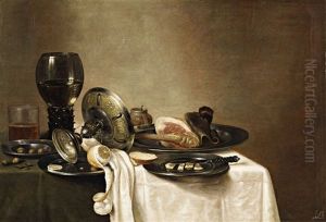 Still Life With A Leg Of Lamb, A Peeled Lemon, Two Glasses And Pewter Dishes On A Table