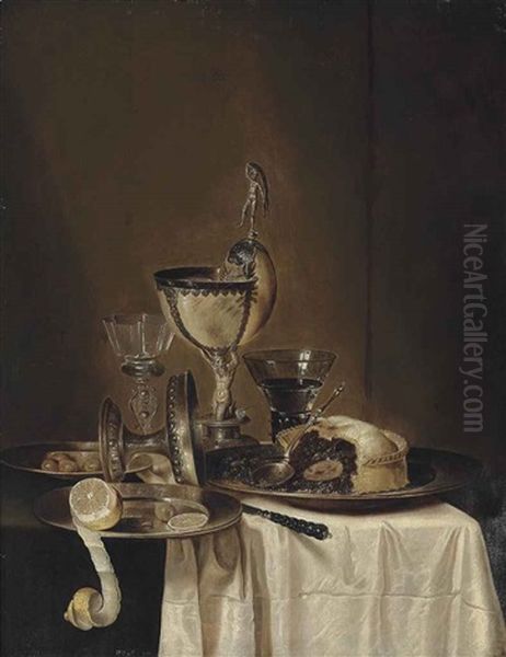 A Blackberry Pie On A Pewter Platter, A Roemer, An Upturned Silver Tazza, A Partially Peeled Lemon With Olives On A Pewter Platter And A Nautilus Cup... - view 1