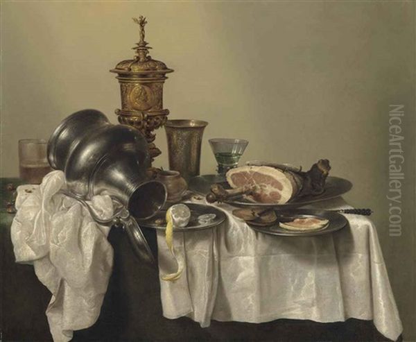 A Leg Of Ham, A Partly-peeled Lemon And Slices Of Bread On Pewter Platters, A Berkemeier, An Upturned Tankard, A Silver-gilt Cup And Cover... - view 1