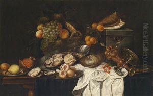 Banketje Mit Fruchten, Austern Und Umgesturzten Prunkgefassen by Willem Claesz Heda