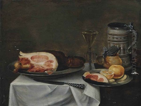 A Ham With Bone On A Pewter Platter, Lemons And Ham On A Pewter Platter, A Knife, A Pitcher, A Mustard Pot And A Facon-de-venise Wine Glass... - view 1