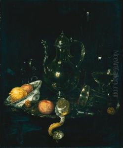 A Still Life With A Silver Ewer, A Silver Beaker, A Roemer And Fruit In A Porcelain Dish And On A Silver Platter by Willem Claesz Heda