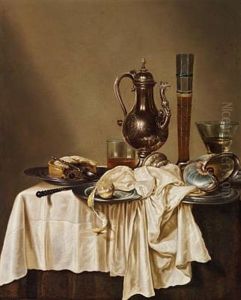 Still Life With Jug, Wine Glass And Pie On A Table by Willem Claesz Heda