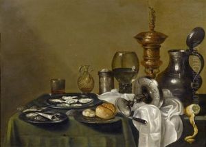 Reiches Stilleben Mit Prunkgefassen, Austern, Brot, Silbernem Salzgefass Und Romer by Willem Claesz Heda