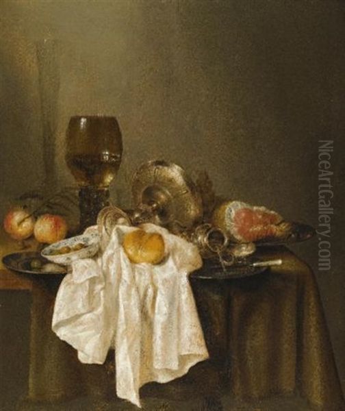 A Banketje Still Life With A Roemer, A Silver Tazza On Its Side, A Ham, Peaches, A Salt Cellar, A Bread Roll, And A White Cloth On A Partly Draped Table - view 1