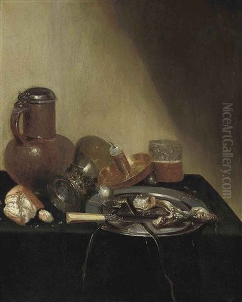 A Pronk Still Life, With A Herring On A Pewter Plate, An Earthenware Jug, A Loaf Of Bread, An Upturned Roemer, A Candle Holder, And A Beer Glass... - view 1