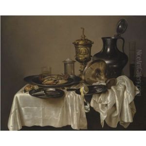 A Still Life With A Silver-gilt Goblet, An Overturned Silver Tazza, A Pewter Flagon, Glasses And A Salt Cellar, With A Crab, Oysters, Nuts, A Knife And A Peeled Lemon On A Table Draped With A White Cloth by Willem Claesz Heda