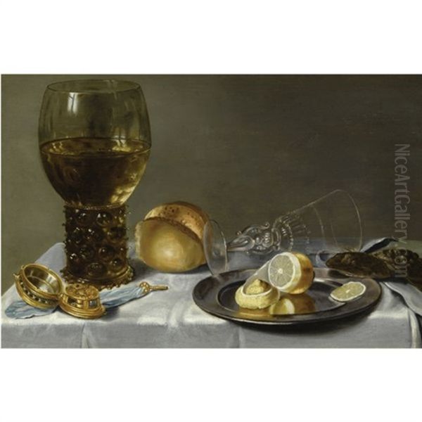 Still Life Of A Roemer, A Facon De Venise, A Partly Peeled Lemon On A Pewter Plate, Two Oysters, A Bread Roll And A Pocket-watch, All Arranged On A Draped Table - view 1
