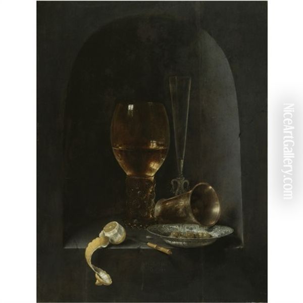Still Life With A Roemer, A Fluted Wine-glass, A Silver Goblet, A Blue-and-white Porcelain Bowl Filled With Green Olives, A Partly Peeled Lemon And A Knife, All Arranged Within A Stone Niche - view 1