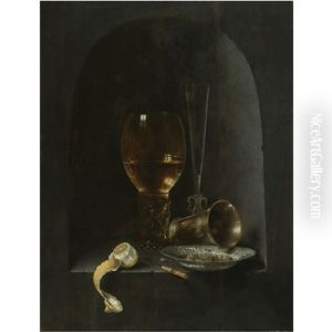 Still Life With A Roemer, A Fluted Wine-glass, A Silver Goblet, A Blue-and-white Porcelain Bowl Filled With Green Olives, A Partly Peeled Lemon And A Knife, All Arranged Within A Stone Niche by Willem Claesz Heda