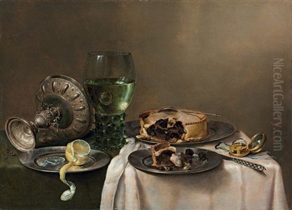A Pronk Still-life, With A Roemer, An Upturned Silver Tazza, A Half-peeled Lemon On A Pewter Plate, With A Pie, A Timepiece And A Knife - view 1