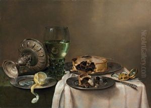 A Pronk Still-life, With A Roemer, An Upturned Silver Tazza, A Half-peeled Lemon On A Pewter Plate, With A Pie, A Timepiece And A Knife by Willem Claesz Heda