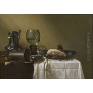 Still Life Of A Pewterkanne, Aroemer, An Overturned Silver Beaker Resting On A Pewter Plate And A Ham Upon Another Pewter Plate, All Upon A Table Covered In A Brown Cloth And Partly Draped With A White Cloth by Willem Claesz Heda