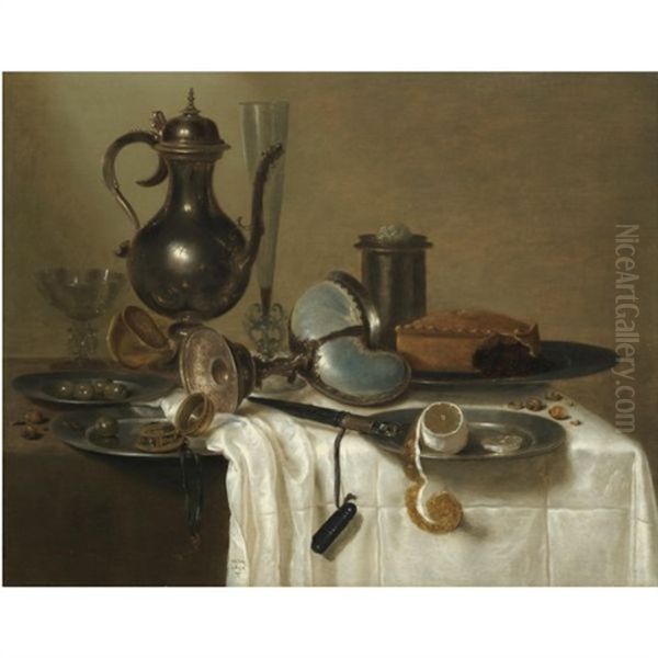 A Still Life With A Pewter Wine-pot, An Overturned Nautilus Cup, A Flute-glass, A Pewter Salt, A Pie On A Dish, Olives, A Partially-peeled Lemon And A Chronometer, All Resting On A Table Partially Covered By A White Table Cloth - view 1