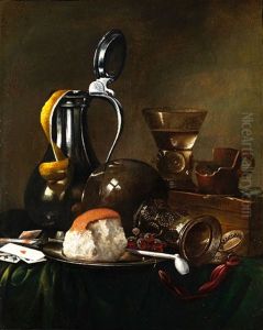 Stilleben Mit Zinnkrug, Glasflasche, Trinkglas Und Zerbrochenem Becher by Willem Claesz Heda