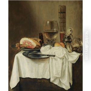Still Life With A Roemer And A Pasglas, A Ham And A Knife On Pewter Plates, A Silver Jar, A Tazza And A Bread Roll, All On A Table Draped With A White Cloth by Willem Claesz Heda