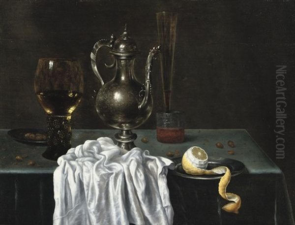 A Roemer Of White Whine, A Pewter Plate With Hazelnuts, A Silver Ewer, A Beer Glass, A Tall Glass Of Red Wine And A Pewter Plate With A Partially Peeled Lemon, All On A Draped Table - view 1