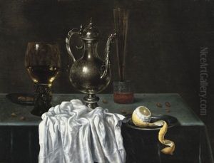 A Roemer Of White Whine, A Pewter Plate With Hazelnuts, A Silver Ewer, A Beer Glass, A Tall Glass Of Red Wine And A Pewter Plate With A Partially Peeled Lemon, All On A Draped Table by Willem Claesz Heda