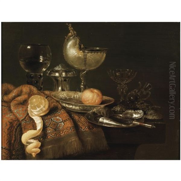 A Still Life With A Nautilus Cup, A Silver Salt Cellar, A Roemer And A Facon De Venise Glass, An Orange On A Pocelain Plate, A Peeled Lemon With Oysters On A Silver Plate, All On Stone Ledge Part - view 1