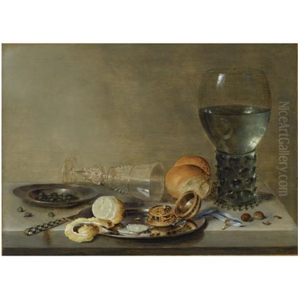 Still Life Of A Roemer And A Facon De Venise, A Partly Peeled Lemon, A Pocket-watch And Capers On Pewter Plates, Together With A Knife, A Bread Roll And Hazelnuts, All Arranged On A Stone Table - view 1
