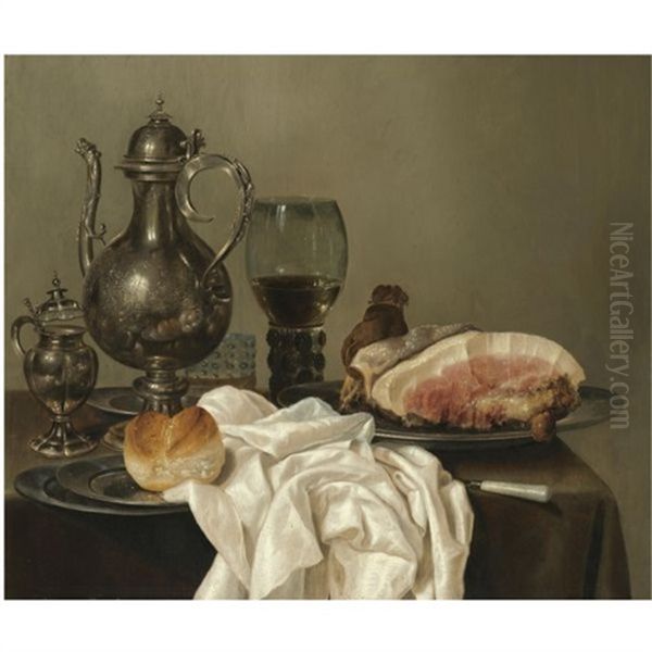 A Still Life With A Silver Tazza, A Silver Pot, A Roemer With White Wine, A Glass With Beer, Four Pewter Plates With A Bread Roll And A Shoulder Of Ham, All On A Green Table Cloth - view 1