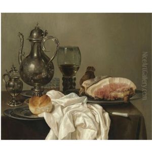 A Still Life With A Silver Tazza, A Silver Pot, A Roemer With White Wine, A Glass With Beer, Four Pewter Plates With A Bread Roll And A Shoulder Of Ham, All On A Green Table Cloth