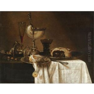 Still Life With An Overturned Tazza, A Tall Wine Glass, An Open Pie On A Pewter Plate, A Partly Peeled Lemon And A Nautilus Cup All Arranged On A Partly Draped Table by Willem Claesz Heda