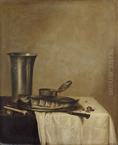 A Herring On A Pewter Platter, An Engraved Silver Tumbler, And A Pipe On A Partly-draped Table - view 1