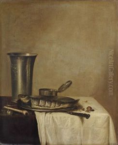 A Herring On A Pewter Platter, An Engraved Silver Tumbler, And A Pipe On A Partly-draped Table